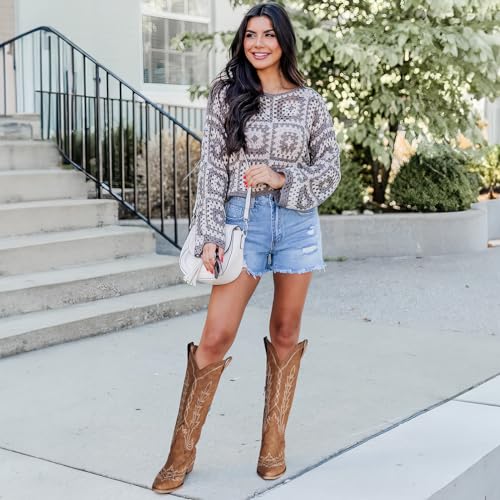 Image of Rivalran Cowboy Boots for Women - Knee High Pointed Toe Chunky Heel Pull On Zipper Western Cowgirl Boots, Retro Country Vintage Fashion Tall Boots