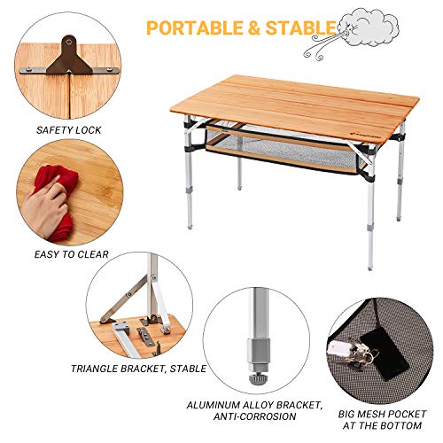 KingCamp 4 Folds Bamboo Camping Table, Folding Table Aluminium Frame 2–6 People - Image 4