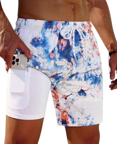 Image of Gleeease 7inch Mens Swim Trunks 2 in 1 with Compression Liner Pockets Drawstring Quick Dry Stretch Lined Funny Beach Pool