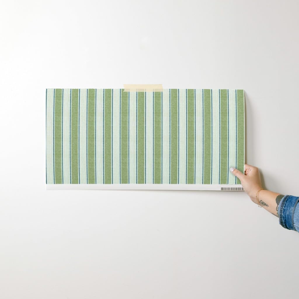 Peel & Stick Wallpaper Swatch - French Ticking Stripe Vertical Green Beige Vintage Faux Texture Custom Removable Wallpaper by Spoonflower
