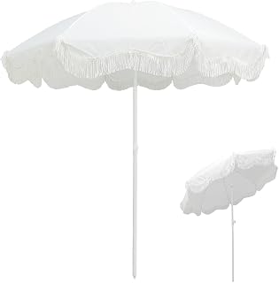 Sombrilla Hawaiana con Borlas Blue Y Blanco Rayas Sombrilla de Playa Sombrilla de Jardín 180cm Parasol Inclinable Sombrilla Terraza Exterior para Decoración De Bodas, Balcón Y Césped(Color:White)