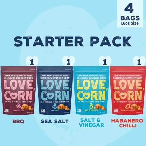 LOVE CORN | Sea Salt, Smoked BBQ, Salt & Vinegar, Habanero Delicious Crunchy Corn Starter Pack | 1.6oz, 4 bags (1 bag per flavor) | Low-Sugar, Gluten-Free, Plant Based, Non-GMO