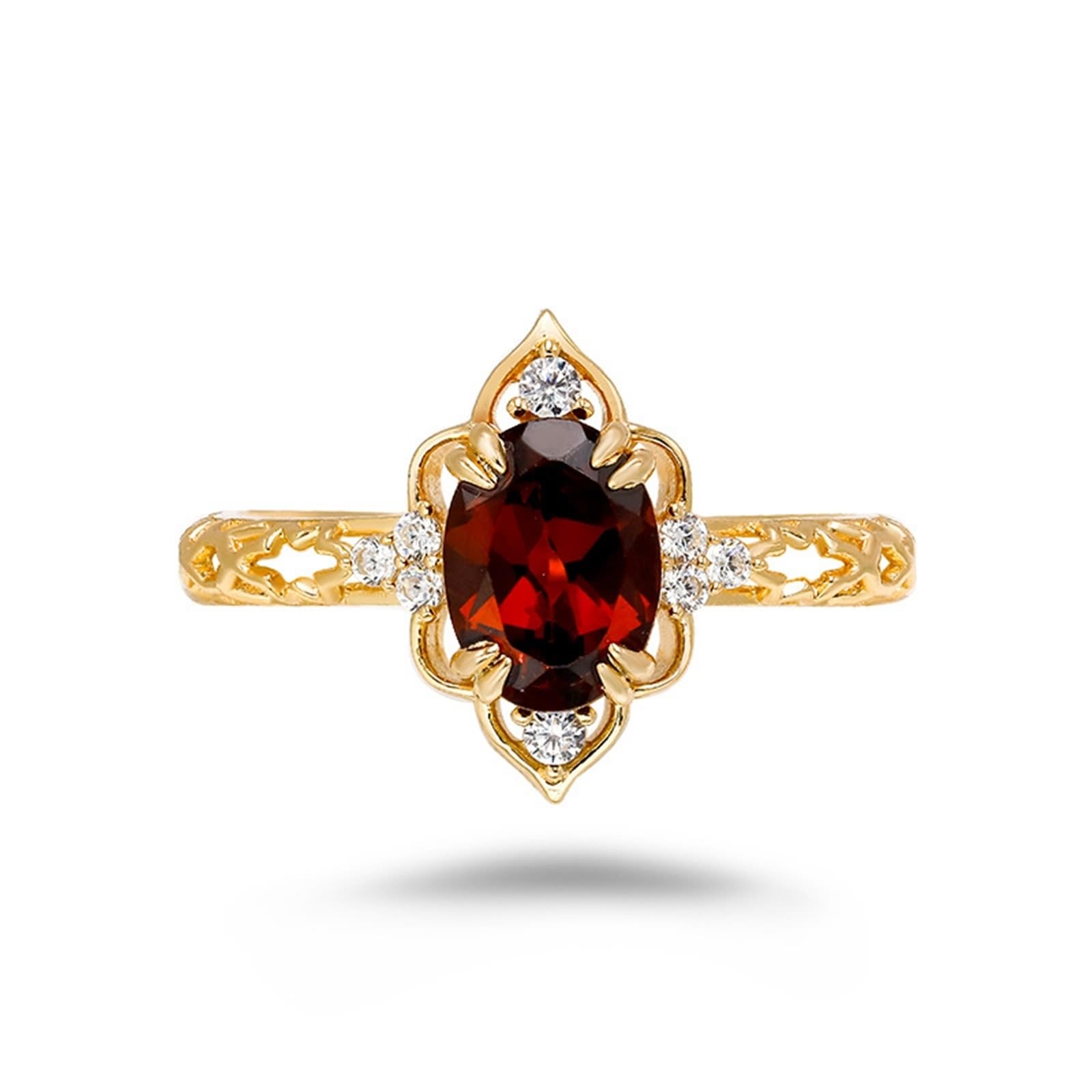 Anillo de boda dorado Au 375/585/750 con granate ovalado, forma vintage de filigrana