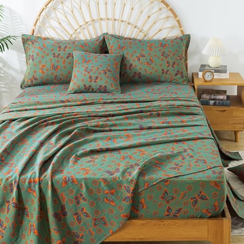 Image of FADFAY Butterfly Sheets Set Queen Vintage Green Red Floral Bedding Shabby Farmhouse Bedding Super Soft Washed Double -Layer Muslin Sheets 100% Cotton Deep Pocket Fitted Sheet 4Pcs, Queen Size
