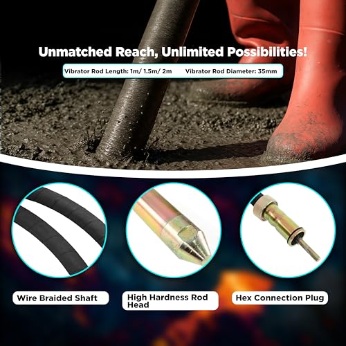 Image of iBELL IBLCV50-81 Concrete Vibrator, 1050W, Copper Armature, 5000 RPM, 35mm Needle, 150Hz Vibration Frequency, 0.9m Amplitude, with 1.5m Rod | Portable Construction Tool for RCC, Slab & Beam