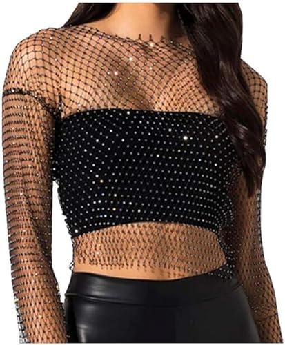 YKingder Grid Sequin Round Neck Long Sleeve Top, Mesh Crystal Long Sleeve Fishnet Crop Tops Rhinestone See Through Cover up Bikini for Women,Average