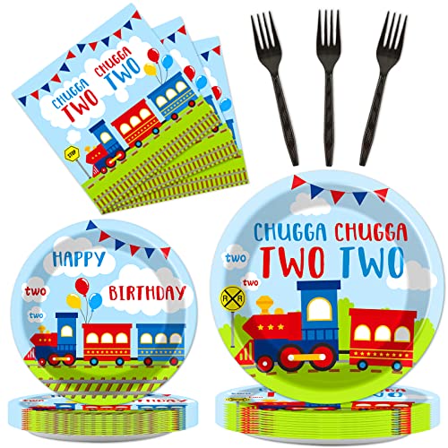 Image of 100 PCS Chugga Chugga Two Two Party Supplies Set Train Plates and Napkins 2nd Birthday Party Tableware Packs Decorations Transportation Disposable Paper Plates Napkins Forks For Kids Serve 25