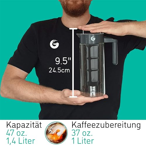 Coffee Gator Cold Brew Kaffeebereiter – 1.4 Liter (47 oz) Eiskaffeekanne mit Borosilikatglaskaraffe und Filter - auch für heißen Tee – Ansicht 2