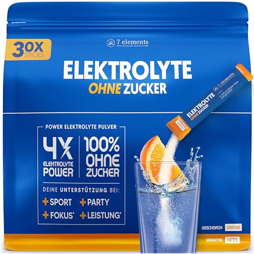 Elektrolyte OHNE ZUCKER - 30 Stück - 1390mg Elektrolyte für Sport und gegen Kater - Elektrolyt Pulver kalorienarm und zuckerfrei - Premium Electrolytes mit verbessertem Orange-Geschmack 300g