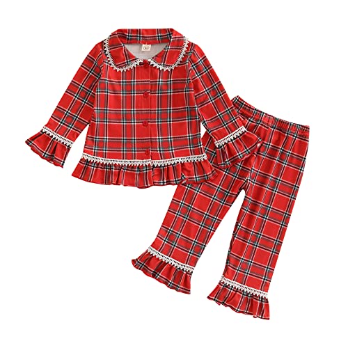MAINESAKA Baby Boy Girl Pajamas Christmas Red Plaid Print Long Sleeve Lapel Collar Button Down Top Shirt Pants Nightwear