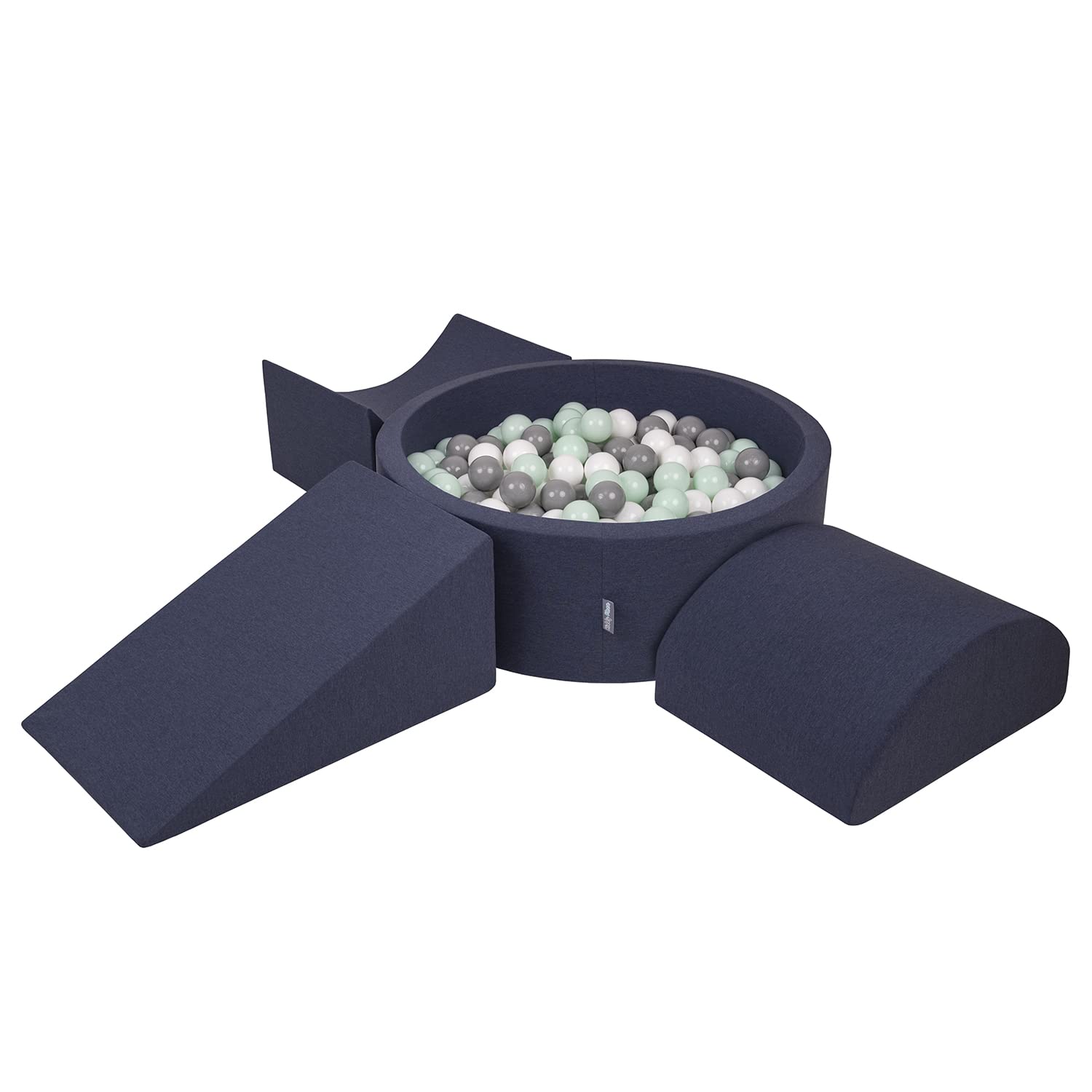 KiddyMoon Foam Playground For Kids With Round Ballpit (200 Balls ∅ 7Cm/2.75In) Soft Obstacles Course And Ball Pool, Made In The EU, Darkblue:White/Grey/Mint