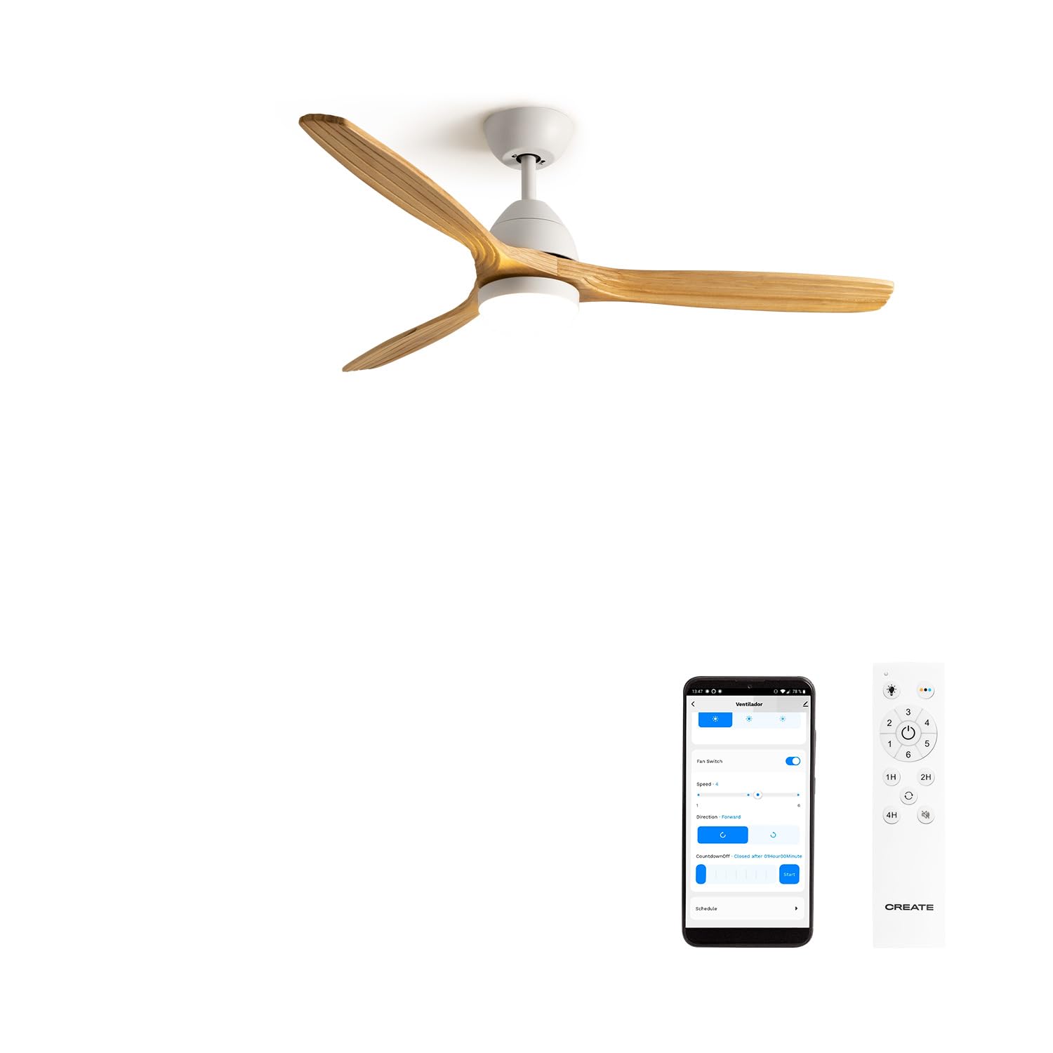 CREATE / WINDCUP/Ventilador techo con luz blanco aspas madera natural Wifi y mando/Función verano-invierno, 3 temperaturas luz, 6 velocidades, programable 1 a 4h, 2 alturas, 40W, Ø132 cm