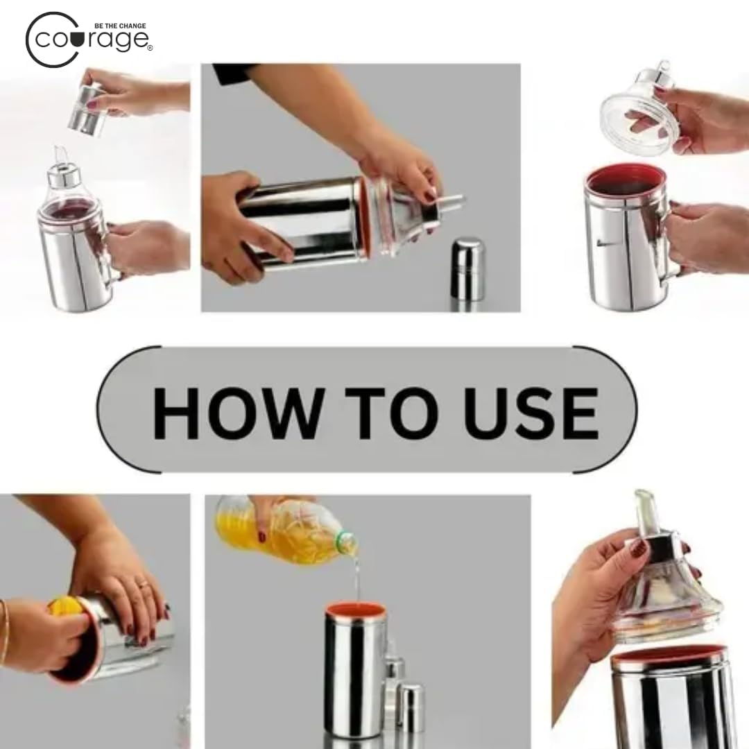 COURAGE ; BE THE CHANGE Dispensador de aceite de acero inoxidable, recipiente de aceite a prueba de fugas y sin BPA para aceites de cocina y vinagre, accesorio de cocina duradero para verter y