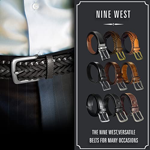 Nine West Mens Belt Vegan Leather Braided Dress Casual Everyday Belt 32mm Wide, Akron Black Belt Designed in the USA, M3