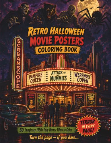 Retro Halloween Movie Posters: A Vintage Coloring Book for Adults with 50 Imaginary 1950s Pulp Horror Film Posters — Retro Halloween Coloring Book for Adults, Teens, and Horror Fans (Screamscope) image 2