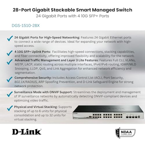 Image of D-Link 28-Port Gigabit Stackable Smart Managed Switch with 10G Uplinks | 24 Gigabit + 4 10GbE SFP+ Ports| L2+ /L3 Lite |VLANs |Web Managed |Surveillance Mode |NDAA Compliant (DGS-1510-28X)