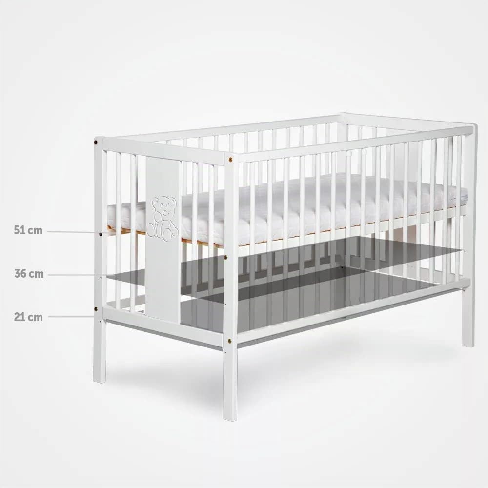 Cuna Tany White 120 x 60 cm - Cuna con somier de láminas 3 Niveles Regulable en Altura - Madera de Pino lacada