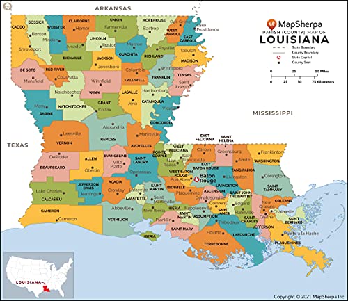 Louisiana Parishes (Counties) Map - Large - 48" x 41.75" Laminated by MapSherpa - Used condition - US$66.52