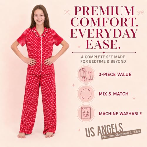 Image of US Angels Girls Pajama Set 3 Piece, Short Sleeve Button Down PJs with Shorts & Pants, Soft Sleepwear Girls & Tweens Size 5-16