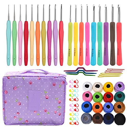 Katech 65 pcs Yarn Crochet Kits - Different Sizes Crochet Hooks Set DIY Yarn Weaving Tools Ergonomic Crochet Needles with 16 pcs Colorful Yarn Skeins for Crochet Lovers to Crochet and Knit (Purple)