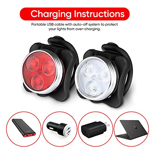 Albert Austin LED Bike Lights Set USB Rechargeable Bike Lights Kit Easy Mount Road and Mountain Bike Lights 4 Brightness Modes Bright Waterproof Bike Lights Front and Back for Bicycle