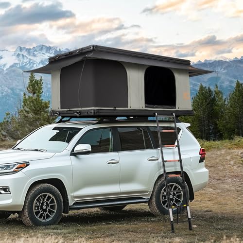 SanHima Rooftop Tent Hard Shell - Gibb Overland Aluminium Roof Top Tent 360° View, w/Tri-Color LED Strip Light & 1.97” Thick Mattress, for Car SUV Truck Camping, 2-3 People