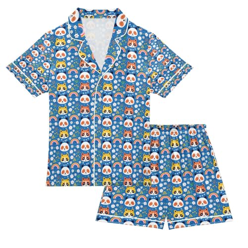 senya Rainbow Flower Panda Satin Summer Pajama Sets Silk Short Sleeve Button Down Sleepwear
