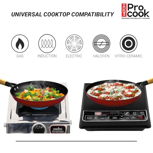 Image of Milton Pro Cook Induction Cookware & Gas Stove Friendly Cast Iron Fry Pan 26cm | Omelette Pan | Fish Fry Pan | Wooden Handle | PFOA Free | Scratch Resistant | Even Heat Cooking | Dishwasher Safe | Red