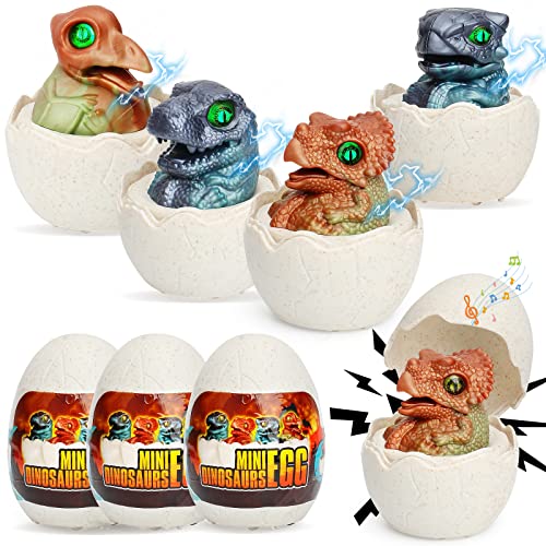 Dinosaur Cars Toys for Toddlers Kids 1, 2, 3, 4, 5+ Year Old Gifts, Christmas Goodie Bag Stuffers - 4 Pack Press and Go Small Hatch Dinos Egg Trucks with Sounds & Lights, Kids Prizes Party Favors