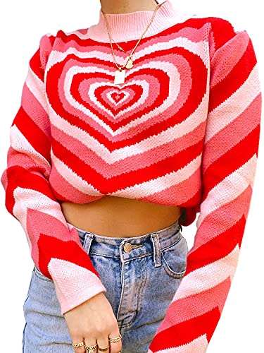 Angashion Women's Pullover Sweaters Casual Heart Printed Mock Neck Long Sleeve Color Block Knit Y2K Sweater Tops Red Medium
