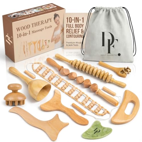 Daily Favorites 10-in-1 Wood Therapy Massage Tools Lymphatic Drainage Tools with Gua Sha Stone for Muscle Pain Relief Maderoterapia Kit Professional for Body Sculpting