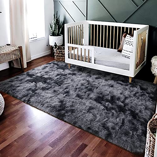 HOMORE Living Room Rug 5x7 Rug Tie Dye Black Grey Rugs for Living Room, Non Slip Plush Rugs for Bedroom Memory Foam Carpet for Kids Nursery Dorm