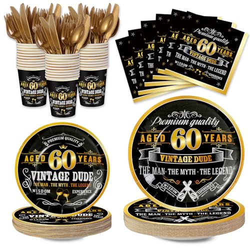 Aburrori YH0166 168 Pcs Vintage 60Th Party Tableware Set, Black Gold Vintage Happy 60 Birthday Tablecloth 24 Guests Dinner Plates Dessert Plate Cup And Napkins cover