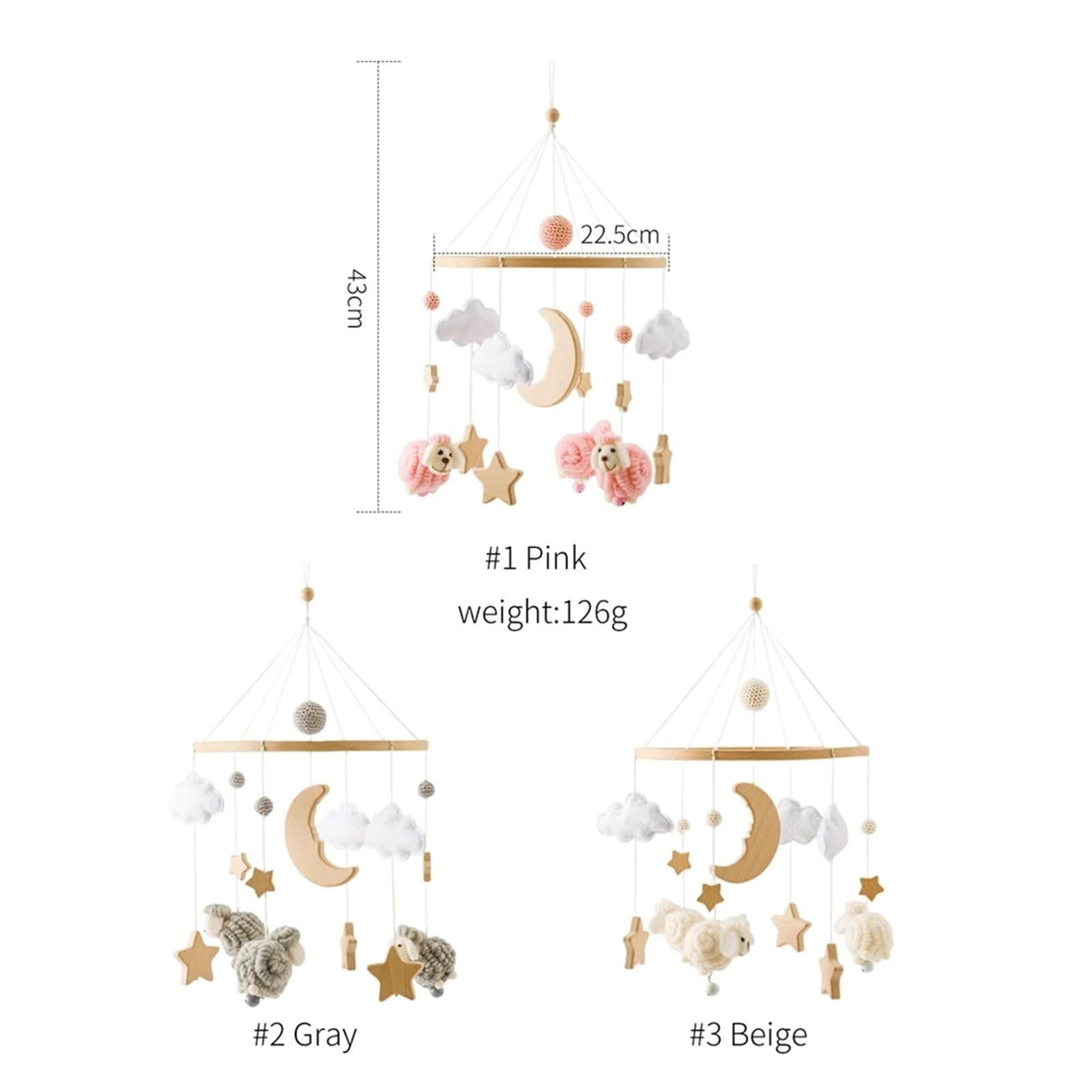 Tiere Mobile Baby Windspiele, Stern Mond Lamm Mobile Baby Holz mit Filzbällen, Mobile Baby Mädchen Bettglocke Anhänger für Babybett Jungen und Mädchen (Weiß)
