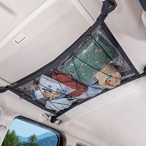 Car Ceiling Cargo Net 31x21 Adjustable Double-Layer Mesh SUV Roof Organizer Van Life Accessories for Long Trip Car Camping Essentials Road Trip Must-Haves for Overhead Storage