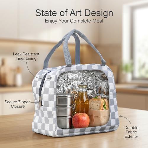 Image of The Earth Store White Check Insulated Lunch Bag for Office, Men, Women | Travel Tiffin Bag with Handle, Waterproof & Leakproof | Reusable Thermal Lunch Box Bags