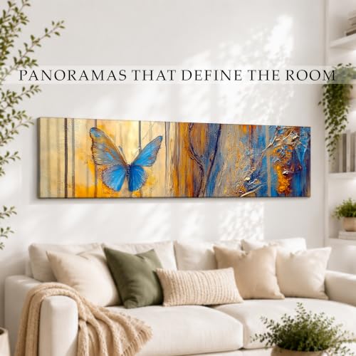 Image of Large Stretched Canvas Painting, Panel Wall Painting Abstract Blue Butterfly Luxury Paintings for Home Decoration, Living room, Bedroom and Office Decor (Blue, 12x46 Inch)