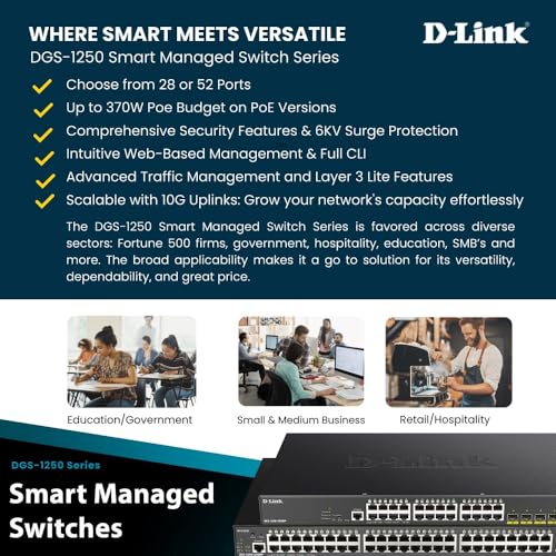 Image of D-Link 52-Port Gigabit Smart Managed PoE+ Switch | 48 PoE+ Ports (370W) + 4 10G SFP+ Ports| L2+ /L3 Lite |VLANs |Web Managed |Surveillance Mode | Rackmount | NDAA Compliant (DGS-1250-52XMP-6KV)