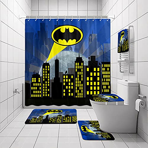 5 Pcs Superhero Shower Curtain Sets with Non-Slip Rugs Toilet Lid Cover Bath Mat Soft Hand Towel Novelty Shower Curtain for Bathroom Decor