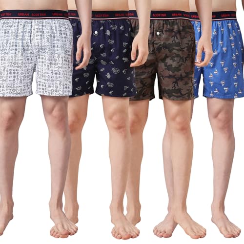 Urban Scottish Ultra-Comfortable Men's Boxer Pants (Pack of 4), 100% Cotton with Stylish Print, Soft & Stretchy Elastic Waist Band, Dynamic Movement & Hardwearing Stitching,Breathable Gentle Snug Fit