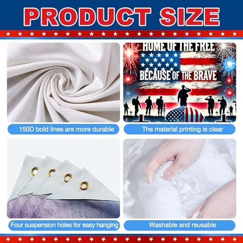 Image of BlissYard Patriotic Memorial Day Banner America Independence Day Backdrop 71 x 43 Inch Home of the Free Because of the Brave Wall Decor Patriotic National Holiday 4th of July Veterans Day Indoor Outdoor Supplies