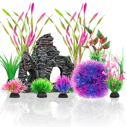 QUOZUO 10pcs Aquarium Artificial Plastic Plants Decorations and Rock Cave Decor Set, Fish Tank Accessories Small Large Fish Bowl Ornaments Set