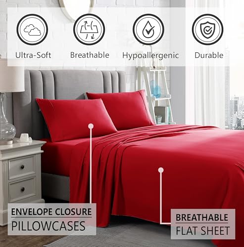 American Home Collection King Size Sheet Set - 16-Inch Deep Pocket - Ultra Soft Microfiber Bed Sheets - Breathable, Wrinkle and Fade Resistant, Easy Care - 4 Piece Set (King, Red)