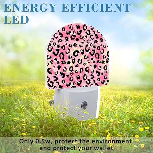 Image of Plug in Night Lights Pink Watercolor Leopard Skin Nightlight Plug Into Wall Dusk to Dawn Sensor LED Night Light for Kid Girls Boys Room Decor, Hallway, Kitchen, Bathroom, Nursery, Stairs