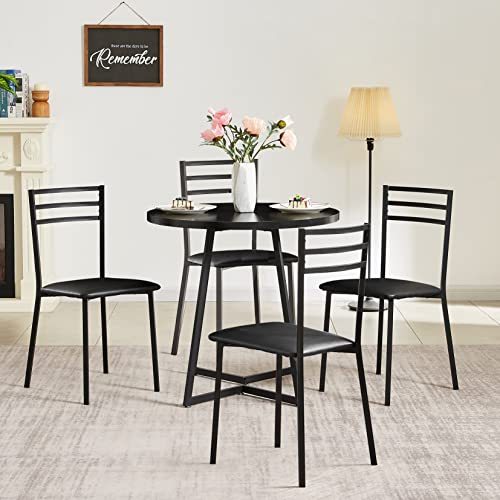 Image of VECELO 5 Piece Wood Round Dining Table Set with Cushioned Chairs, Modern Counter Height Dinette for Kitchen Breakfast Nook Living Room Small Space, Matte Black