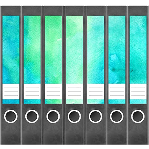 Etiketten für Ordner | Aquarell Look Türkis Grün | 7 Aufkleber für schmale Ordnerrücken | Selbstklebende Design Ordneretiketten Rückenschilder