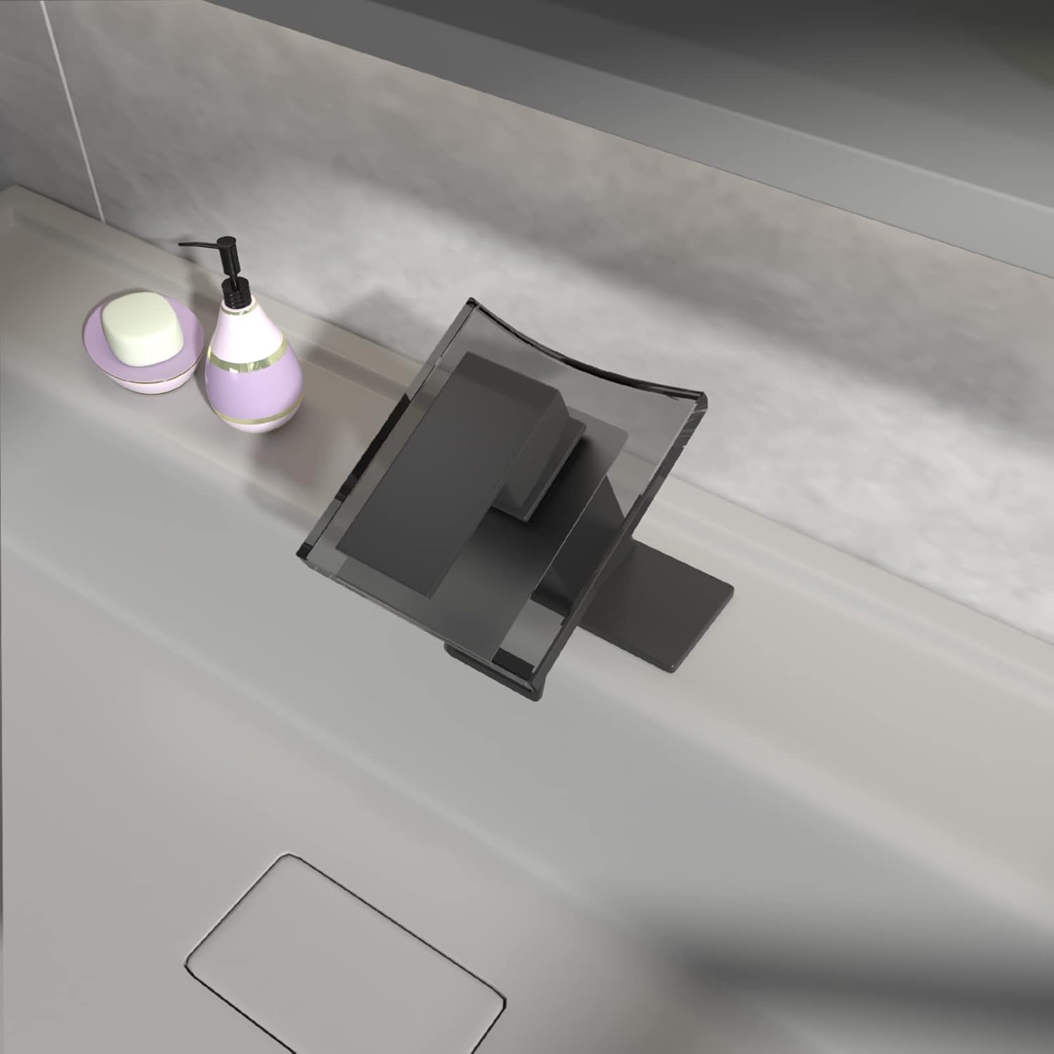 Matte Black Glass Waterfall Bathroom Faucet with Brass Handle