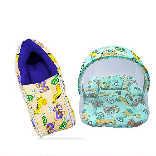 Image of MOM & Son Baby Bedding Set Mattress with Net & Baby Sleeping Bag (0-3 Months) (Peach & Green)
