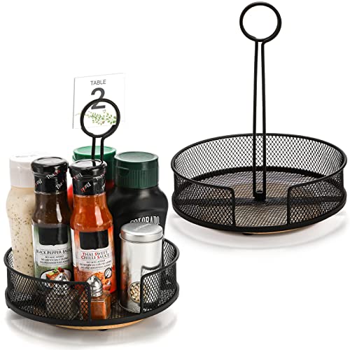 Yesland 2 Pack Metal Rotating Condiment Caddy With Number Card Holder, 7.75 Inch Round Table Caddy With Wooden Base Black Coated Table Caddies Collection For Salt, Pepper, Ketchup, Hot Sauce, Mustard #TOP18