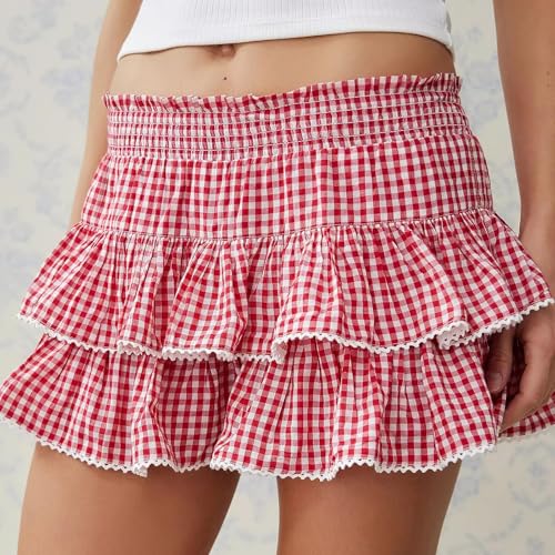 Women Gingham Skirts Cute Layered Ruffle Y2k Mini Skirt3